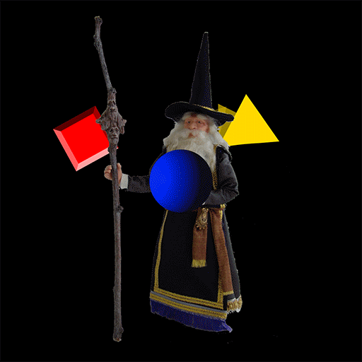 a wizard with shapes rotating around it